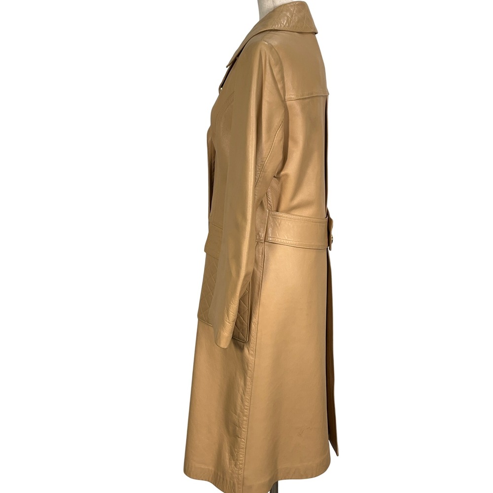 Gropper Leda Spain Coat Women 14 Tan Double Breast Leather Trench Quilt Longline - Picture 3 of 13